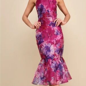 LuLu’s Magenta Floral Organza Trumpet Midi Dress NWT